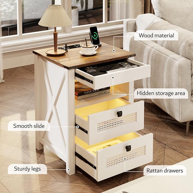 Bedside Table Set of 2 with Charging Station, Nightstand with Gun Drawer, LED Night Stand with Human Sensor Light, Farmhouse End Table for Bedroom Living Room, White