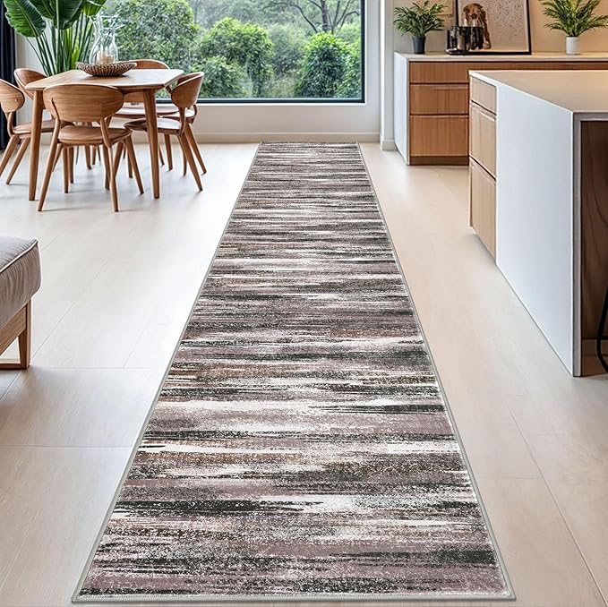 Modern Abstract Runner Rug 2.6x16, Dark Light Brown White Washable Long Kitchen Runner Non-Slip Soft Hallway Rug Runner Thin Print Faux Wool Carpet for Entryway Bedroom Laundry Room Indoor