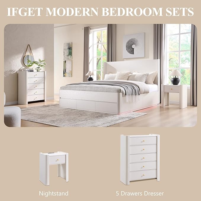 23.6" Tall Modern Nightstand Set of 2, 22" Wide Curved Bedside Table with Charging Station, Wooden Night Stand with 1 Storage Drawer, Large End Table for Bedroom, Living Room, White