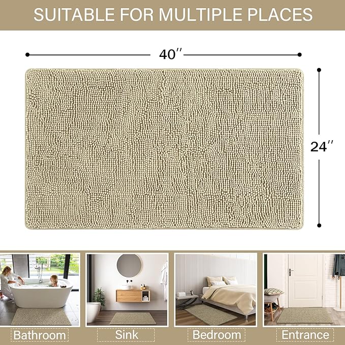 LOCHAS Luxury Bathroom Rug Shaggy Bath Mat 24 x 40 Inch, Washable Non Slip Bath Rugs for Bathroom Shower, Soft Plush Chenille Absorbent Carpets Mats, Beige