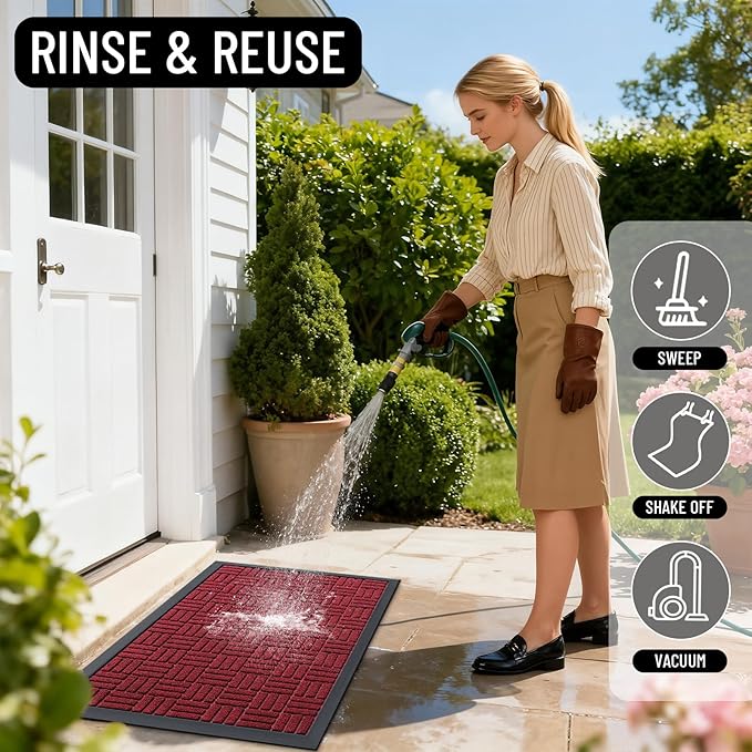 OLANLY Front Door Mat Outside Entrance 33x21, Absorbent, Heavy Duty Sturdy Natural Rubber Doormat Indoor Outdoor, Non-Slip, Stain and Fade Resistant, Low Profile Floor Mat for Entryway, Black Red