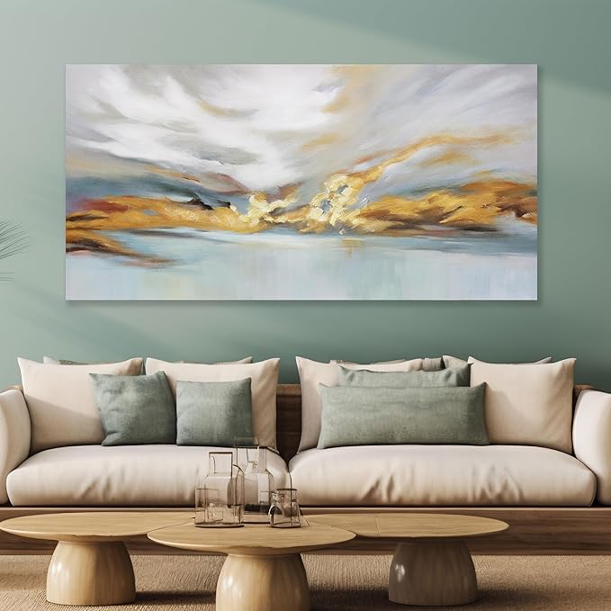 Glvzygy Modern Abstract Wall Art Wall Decorations Greyish White Gold and Blue Abstract Wall Art Canvas Abstract Wall Art for Living Room Bedroom Dining Room Home Office Decor 29"x58"