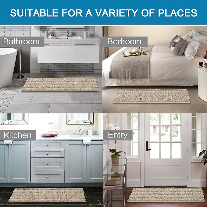 H.VERSAILTEX Bath Rugs for Bathroom Non Slip Bath Mats Thick Chenille Striped Bath Rug Runners 59" x 20" Absorbent Fluffy Soft Shaggy Mats Dry Fast Plush Area Carpet for Bath Room - Fog