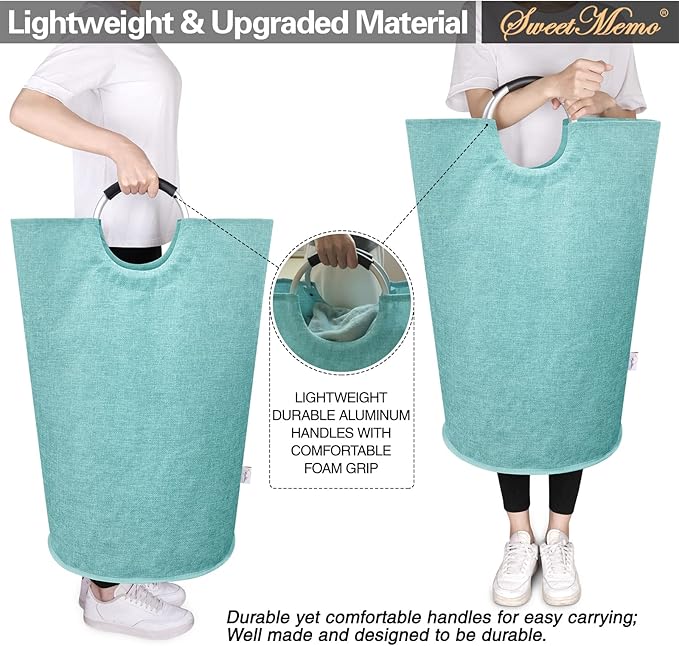 Small Laundry Hamper Bag Collapsible, Tall Laundry Basket with Durable Handles, Dirty Clothes Hampers for Bedroom, College Dorm, Girls, Women, Heavy Duty, Double Layer 82L - Light Blue