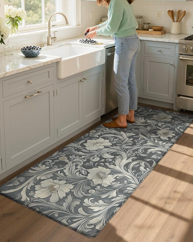 Color&Geometry Floral Kitchen Mat 24"x59", Anti Fatigue Mats for Kitchen Floor, Kitchen Rugs Non Slip, Waterproof & Oil Proof Kitchen Runner for Standing Desk Office, Sink - Grey