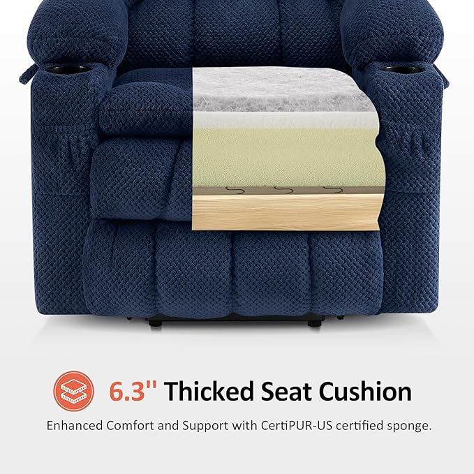 MCombo Dual Motor Large Power Lift Recliner Chair for Elderly, Lay Flat Lift Chair with Heat and Massage, Big Lift Recliner for Tall People, Cup Holders, Fabric 7896 (Large, Navy Blue)