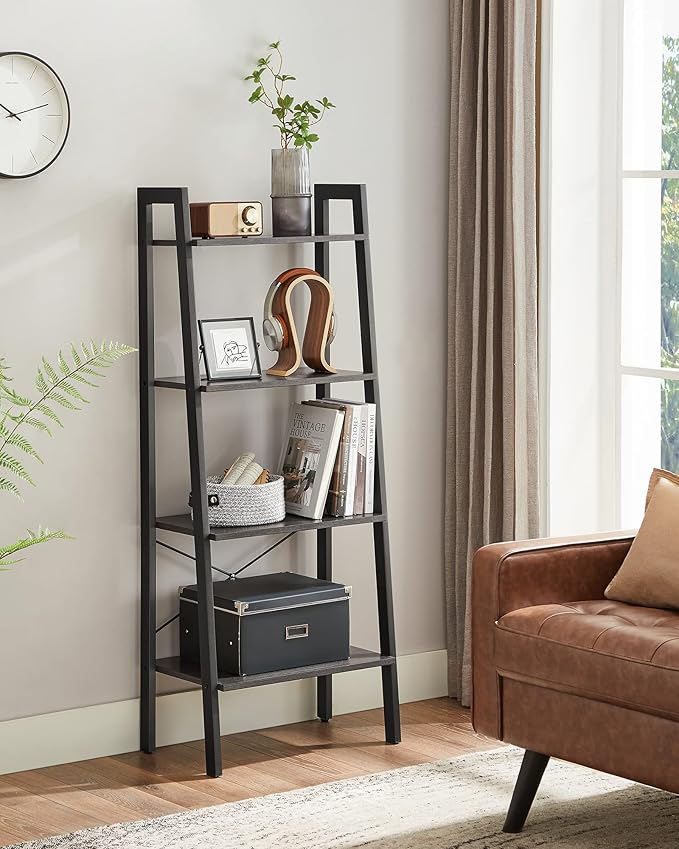 VASAGLE Ladder Shelf, 4-Tier Bookshelf, Storage Rack, Bookcase with Steel Frame, for Living Room, Home Office, Kitchen, Bedroom, Industrial Style, Charcoal Gray and Ink Black ULLS044B04