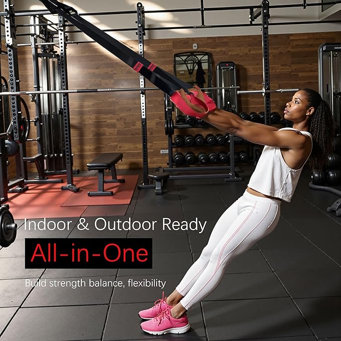 Suspension Straps Trainer for Home Gym – Integrated Door Anchor for 1-Second Setup, Bodyweight Fitness All in One Workout for Full Body, with Safety Sign, Big Poster&Mess Bag