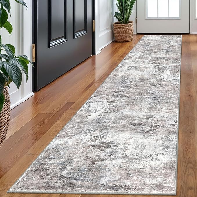 Modern Abstract Runner Rug 2x10, Beige Grey Neutral Washable Long Kitchen Runner Non-Slip Soft Hallway Rug Runner Thin Print Faux Wool Carpet for Entryway Bedroom Laundry Room Indoor