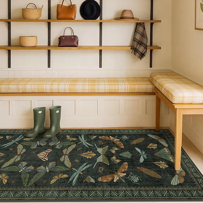 Dark Green 2'6"x10' Long Runner Rugs for Hallway - Boho Wide Washable Non Slip Indoor Entryway Rug, Low Pile Vintage Design - Stain Resistant Carpet