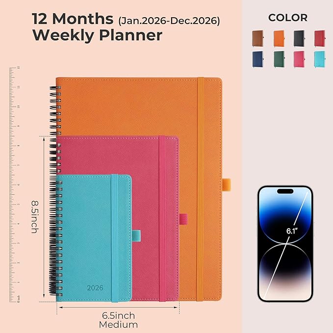 Planner 2026 Daily Weekly and Monthly,8.5"x6.5",12 Months Spiral Bound Calendar Agenda with Self-adhesive Pen Holder,2026 Appointment Book with Vegan Leather Soft Cover,Rose Red