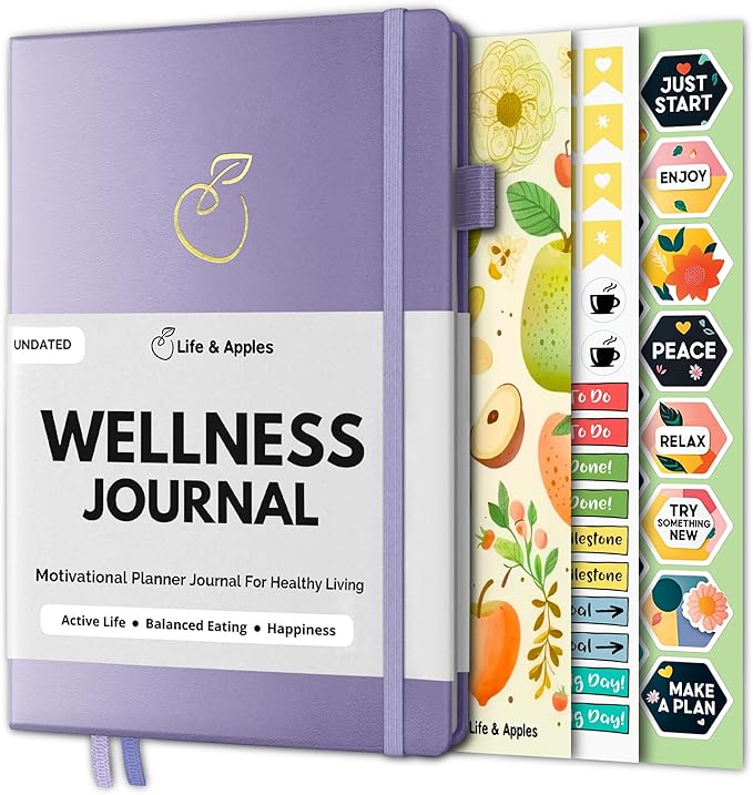 Life & Apples Daily Wellness Journal - Guided Journal & Planner for Wellbeing, Gratitude & Healthy Routines | Food & Fitness Journal, Habit Tracker, Weight Loss Diary | Undated A5 Lavender