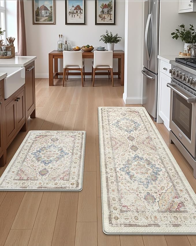 DEXI Kitchen Mats for Floor Cushioned, 17x29+17x59 Extra Large Runner Rug Non Slip, Waterproof Soft Comfort Standing Padded Anti Fatigue Decorative Set of 2, Light Beige