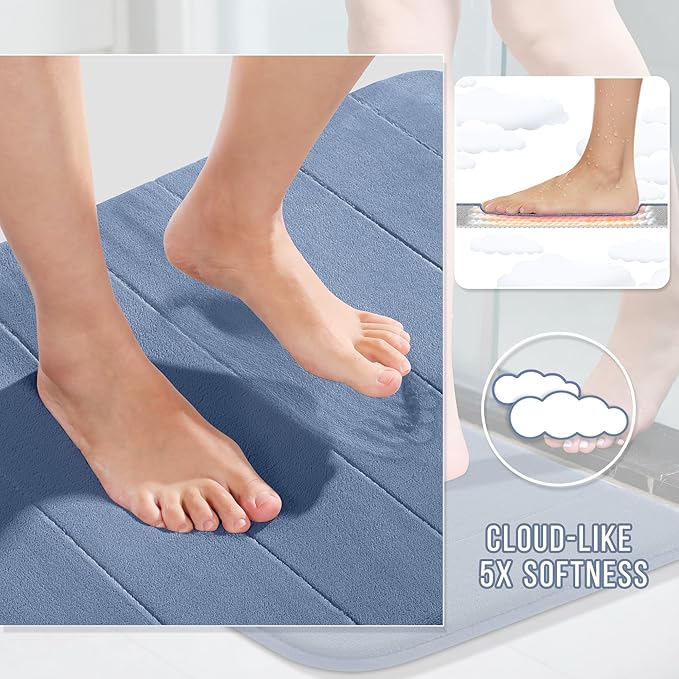 Yimobra Memory Foam Bath Mat Set 3 Pieces- Super Soft Absorbent Quick Dry Bathroom Rug Sets, Machine Washable Non Slip Floor Carpet for Tub Shower, Vanity & Toilet Base, Denim Blue