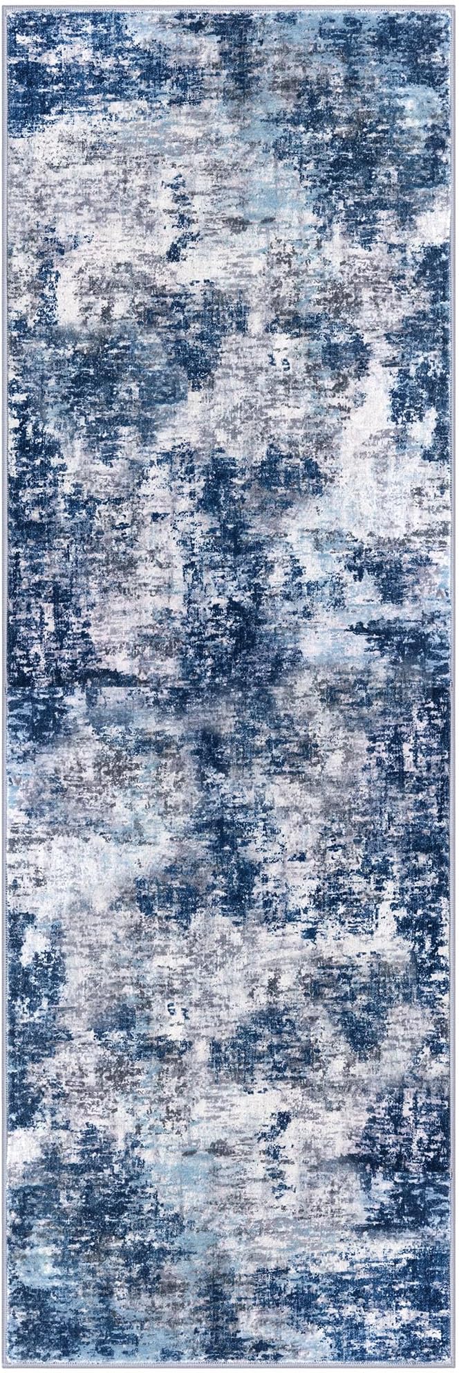 Modern Abstract Hallway Runner Rug, Grey Navy Blue 2.6x8 Runner Rug, Washable Kitchen Runner Non-Slip Soft Thin Print Faux Wool Carpet for Entryway Bedroom Laundry Room Indoor