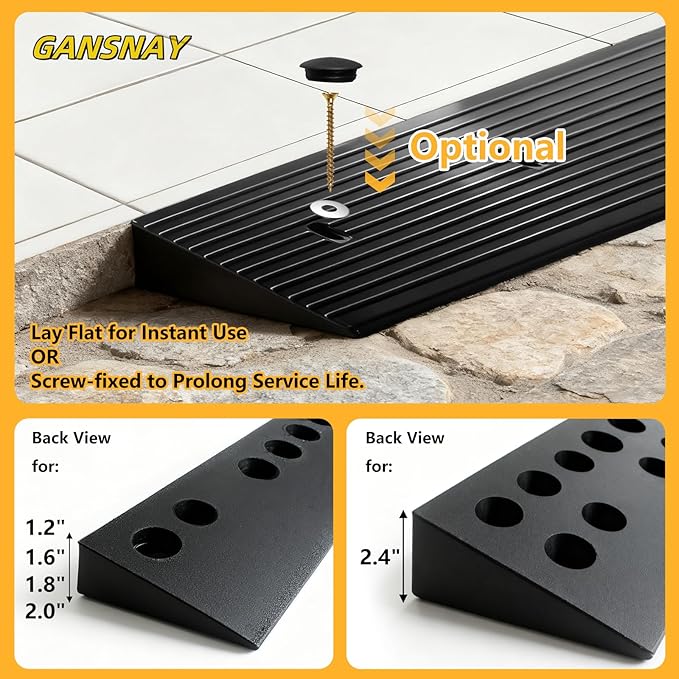 1.2" Rise Rubber Ramp Threshold Ramps with Pre-Set Holes& Plugs, Longer Size 5000lbs Capacity, Non-Slip& Cuttable- for Doorways, Driveways, Warehouse, Patio, Shed- 1.2" Rise(39.3"×4.7")