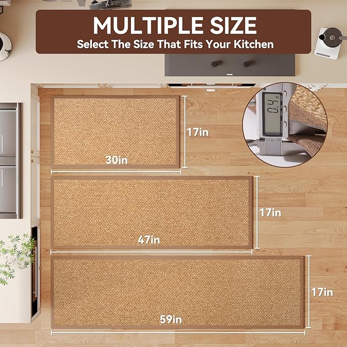 Kitchen Rugs Mat Non Slip Washable, 0.4" Thick Anti Fatigue Cushioned Kitchen Mats for Floor, Absorbent Jute-Look Kitchen Runner Rug Sink Mat Laundry Standing Mats, Easy Clean, Brown 17"x47"