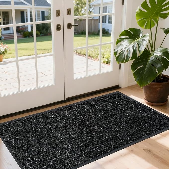 Indoor Outdoor Door Mat, 6'x3' Heavy Duty Large Non-Slip Waterproof Rubber Rug for Double Front Door Entrance, Welcome Floor Mats Carpet for Entryway Home Office School, Black 72" x 36"