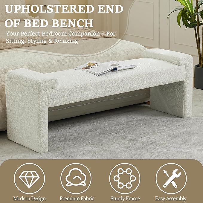 58.7" End of Bed Bench Upholstered Modern Bedroom Bench for Living Room & Entryway, Easy Assembly, Footrest Ottoman Accent Window Bench with Solid Wood Frame & Curved Arm, White