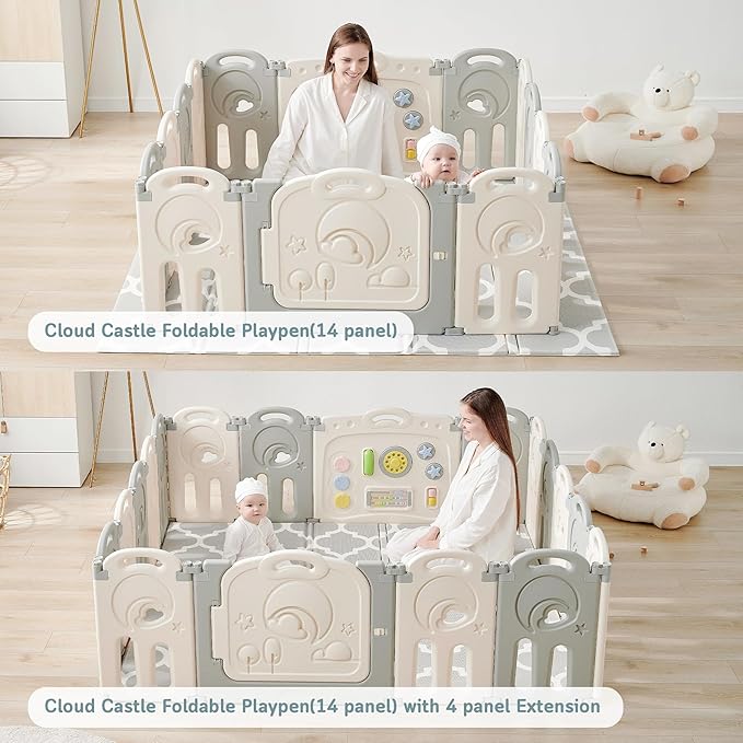 Fortella Cloud Castle Foldable Playpen, Baby Safety Play Yard with Whiteboard and Activity Wall, Indoors or Outdoors (Gray 4-Panel Extension)