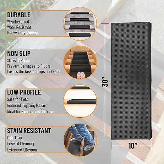 Ottomanson All-Weather Bullnose Rubber Stair Treads – Non-Slip Step Mats for Wooden, Concrete, or Outdoor Stairs, Easy Maintenance, Tool-Free Placement, Pack of 5, 10" x 30", Black Grip Dots