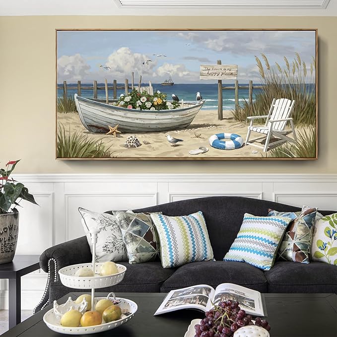amatop Coastal Farmhouse Wall Art – Large Framed Modern Beach & Ocean Landscape Canvas Print, Nautical Elements for Living Room, Bedroom & Office Decor (58×29 Inch)