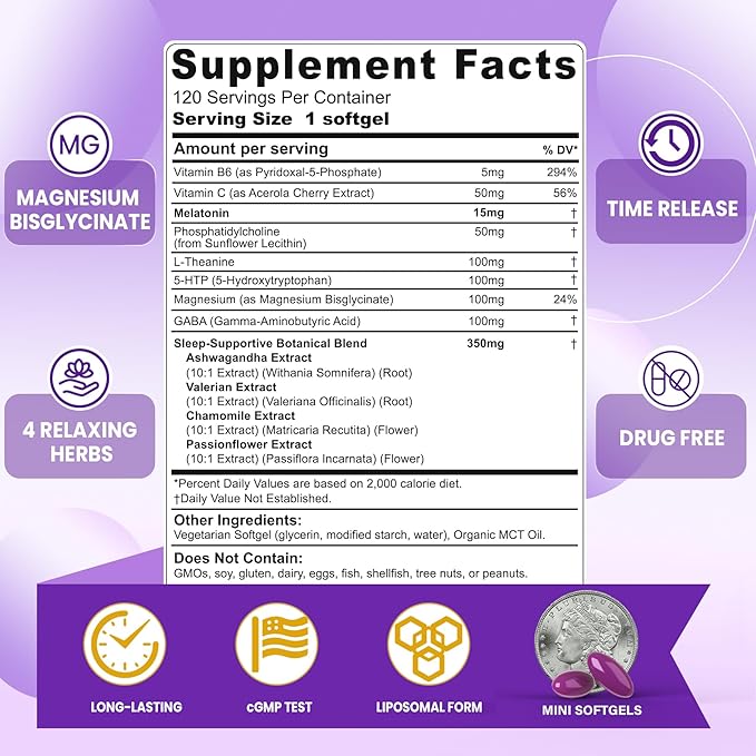 Liposomal Melatonin Sleep Supplement 15mg 30mg Time Release Melatonin Pills, Herbal Calm Sleep Aids for Adults w/ Magnesium Bisglycinate, Ashwagandha, L-Theanine, Valerian, GABA, 5-HTP Softgels 120ct