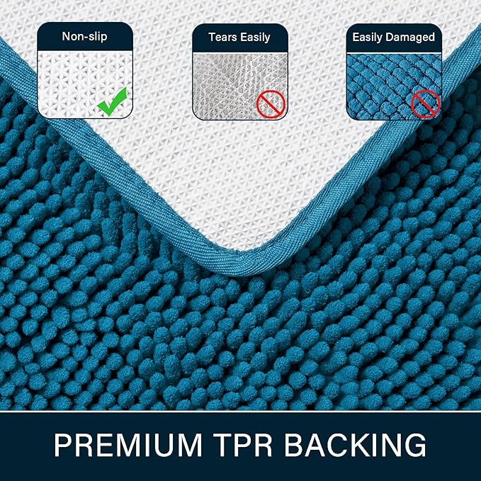 LOCHAS Luxury Bathroom Rug Shaggy Bath Mat 24 x 70 Inch, Washable Non Slip Bath Rugs for Bathroom Shower, Soft Plush Chenille Absorbent Carpets Mats, Peacock Blue