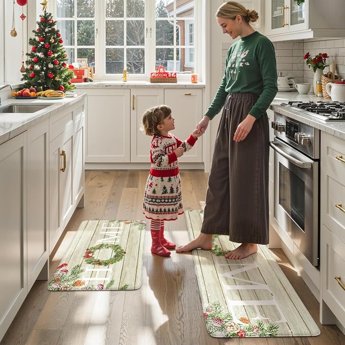KIMODE Christmas Kitchen Mat 2PCS,Anti Fatigue Farmhouse Kitchen Rugs Non Slip,Waterproof Kitchen Floor Mat,Cushioned Comfort Standing Mat,Christmas Decorations for Home Kitchen