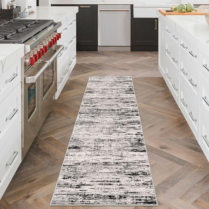 Modern Abstract Runner Rug 2x6, White Black Grey Taupe Washable Kitchen Runner Non-Slip Soft Hallway Rug Runner Thin Print Faux Wool Carpet for Entryway Bedroom Laundry Room Indoor Home Decor