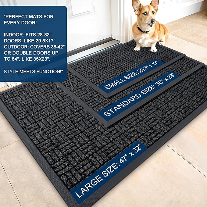 OLANLY Front Door Mat Outside Entrance 29.5x17, Absorbent, Heavy Duty Sturdy Natural Rubber Doormat Indoor Outdoor, Stain and Fade Resistant, Non-Slip Backing Low Profile Floor Mat for Entryway, Black