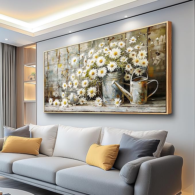 PHAOHUAXM Large Canvas Wall Art For Living Room Wall Decoration Printing Artwork Retro White Flower Dining Room Bedroom Bathroom Kitchen Wall Painting Home Decoration Wood Frame Aesthetics 24x48 In