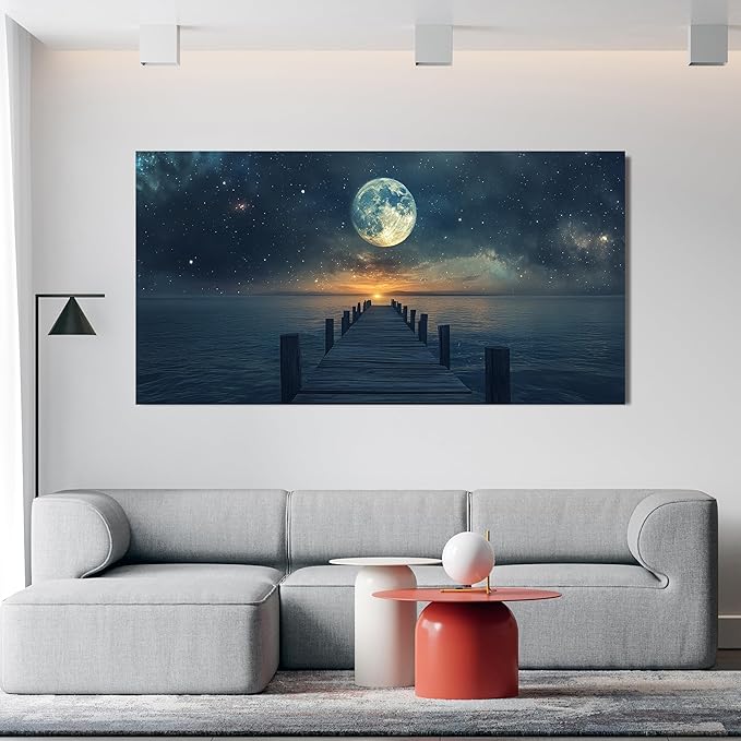 Canvas Wall Art Decor Large Wall Art Pictures for Living Room Canvas Art Wall Decor Landscape Coastal Wall Art Blue Artwork for Walls Prints Star Moon Art Work for Home Office Wall Decor 29"x58"
