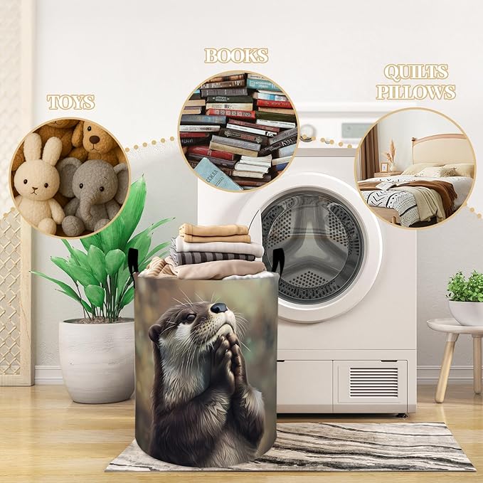 Cute Gentle Otter Dreamy Scene Laundry Basket, Dorm Nursery Foldable Laundry Hamper Organizer for Bathroom Decor, Toy Clothes Storage Box for Bedroom 19.7x15.7 Inch