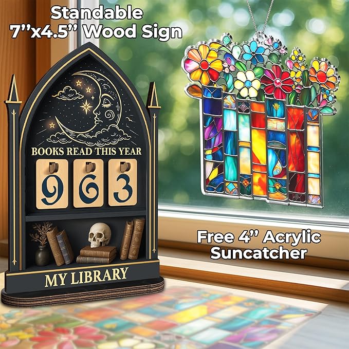 Books Read This Year Counter, Fantasy Book Tracker Sign for Home Library Decor, Bookworm Gift for Women, Teachers, Writers, Gothic Readers, Bookshelf Accessories with Book Suncatcher Ornament FF815
