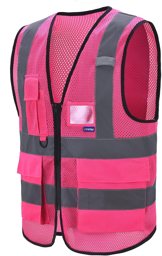 A-SAFETY High Visibility Mesh Safety Reflective Vest with Pockets and Zipper,Hi Viz Work Vest for Men Women (Pink Mesh L)