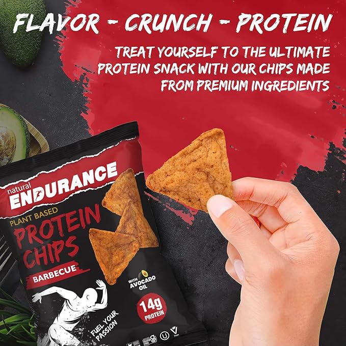 Natural Endurance Protein Chips - Barbecue Chips, Low Carb Chips, High Protein Snack, Vegan Protein with Avocado Oil, 14g Protein Per Bag, Gluten Free, BBQ Flavor - 1.38 oz Bags (Pack of 12)