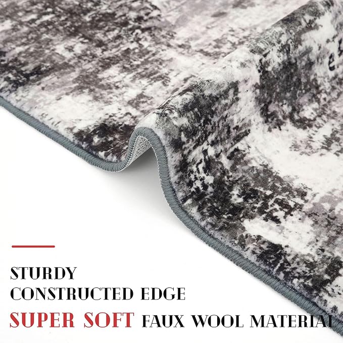 Modern Abstract Runner Rug for Bedroom 2x7, Black Grey Washable Kitchen Runner, Non-Slip Soft Thin Faux Wool Mat for Entryway, Hallway, Laundry Room Indoor