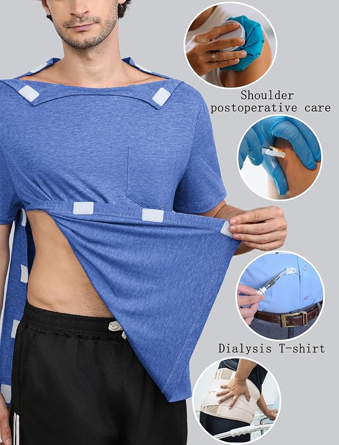 Deyeek Shoulder Post Surgery Recovery Shirts for Men Full Tear Away Short Sleeve T Shirt Adaptive Chemo Clothing