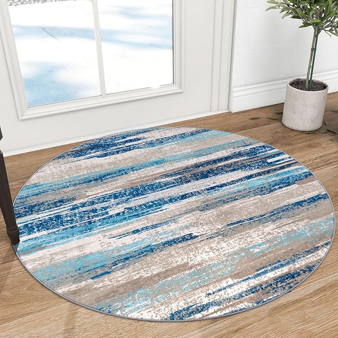 Modern Abstract Round Rug 3Ft, Blue Round Rug Washable Non-Slip Soft Small Circle Rug, Circular Entryway Rugs Thin Print Faux Wool Carpet Accent Rug for Bedroom Living Room Office Under Desk