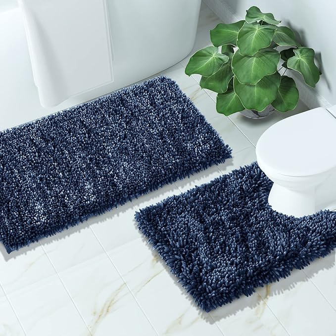 Yimobra Bathroom Rugs Sets 2 Piece, Soft Absorbent Bath Mat and U-Shaped Toilet Rug with Non Slip Backing, Luxury Shaggy Bath Mats for Bathroom, Machine Washable, 31.5"x20"+24"x20", Blue