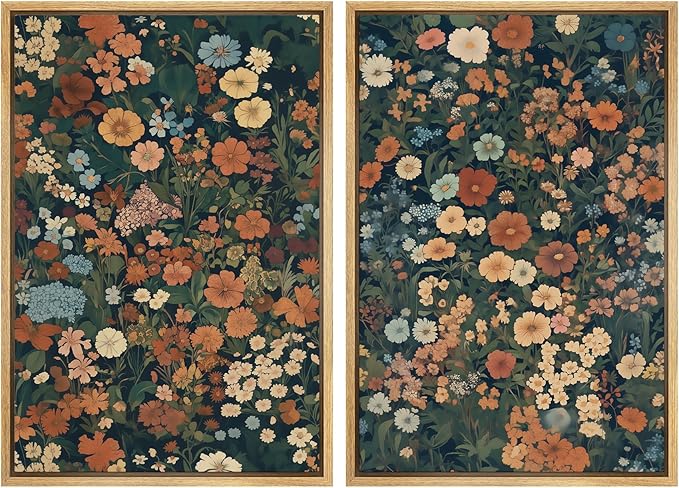 MUDECOR Framed Canvas Print Wall Art Vintage Floral Botanical Colorful Wildflowers Illustrations Modern Art Decorative Bohemian Colorful for Living Room, Bedroom, Office - 24"x36"x2 Natural