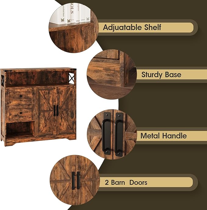 Fameill Farmhouse Storage Cabinet with Drawers and Open Storage,Freestanding Kitchen Pantry with 2 Barn Doors, Floor Cabinet with Adjustable Shelf for Living Room,Brown