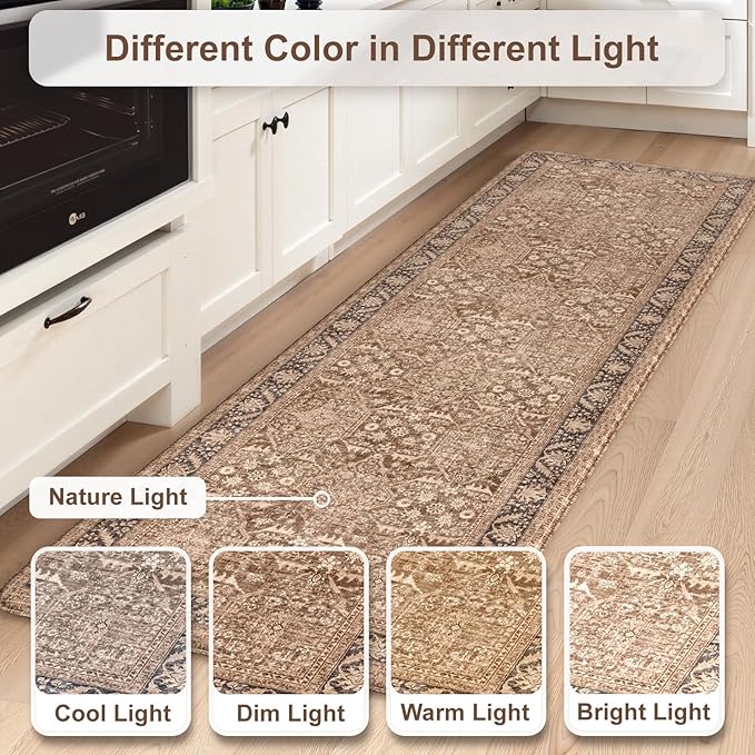 KIMODE Farmhouse Anti Fatigue Kitchen Mat, 17"x59"+17"x29" Vintage Kitchen Rugs, Waterproof Kitchen Floor Mats Non Slip, Comfort Foam Standing Mat for Sink, Laundry, Office, Desk Brown