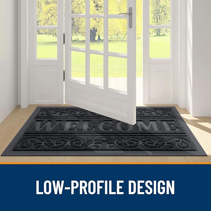 OLANLY Welcome Door Mat Indoor Outdoor Entrance, Heavy Duty Sturdy Front Door Mat, Waterproof All-Weather Doormat, Stain Resistant, Low Profile, Easy Clean Patio Entryway Mat, 47 x 32, Black