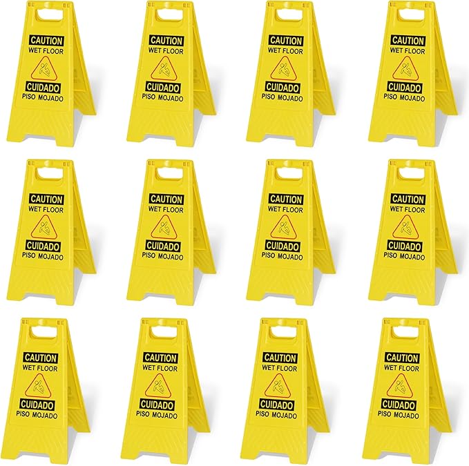 OrangeStar 12-Pack Caution Wet Floor Sign, 23.2” Double-Sided Bilingual Warning Signs for Commercial Use, Foldable A-Shaped Frame Safety Sign, Yellow