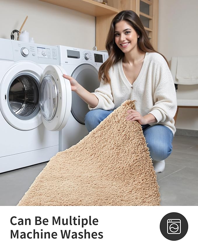 ILANGO Beige Toilet Rugs U Shaped 22" × 24" Non Slip & Super Absorbent Extra Thick Soft, Washable Bath Mats for Bathroom Floor, Plush Shaggy Contour Bath Rugs for Toilet,Dry Quick