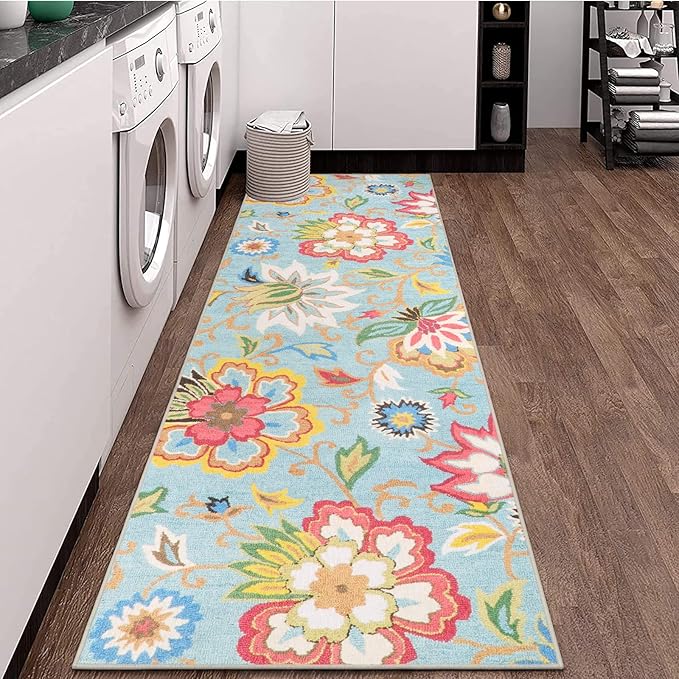 Beeiva Floral Washable Runners for Hallways, 2x6 Ultra Thin Colorful Vintage Plant Bathroom Hallway Runner Rugs with Rubber Backing, Carpet Runner Rug for Hallways Bedroom Entryway Laundry Room