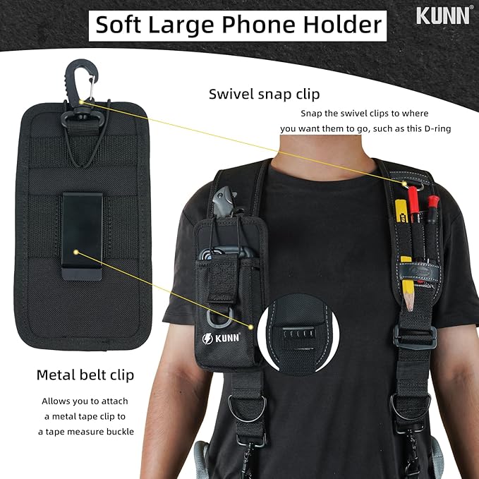 KUNN Leather Tool Belt Suspenders Construction Bag Suspenders Molded Air Channel Work Belt Suspender for Carpenter Electrician,Black