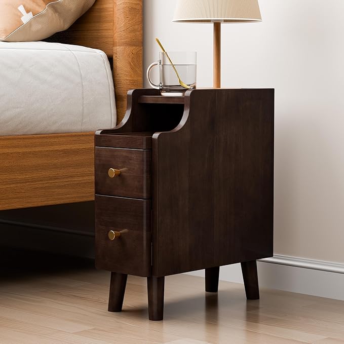 Narrow Nightstand with Drawers, Pre-Assembled Solid Wood Small Skinny Night Stand with Open Sliding Shelf Slim Bedside Table for Bedroom, Slim Side Table (2, Black Walnut, 8")